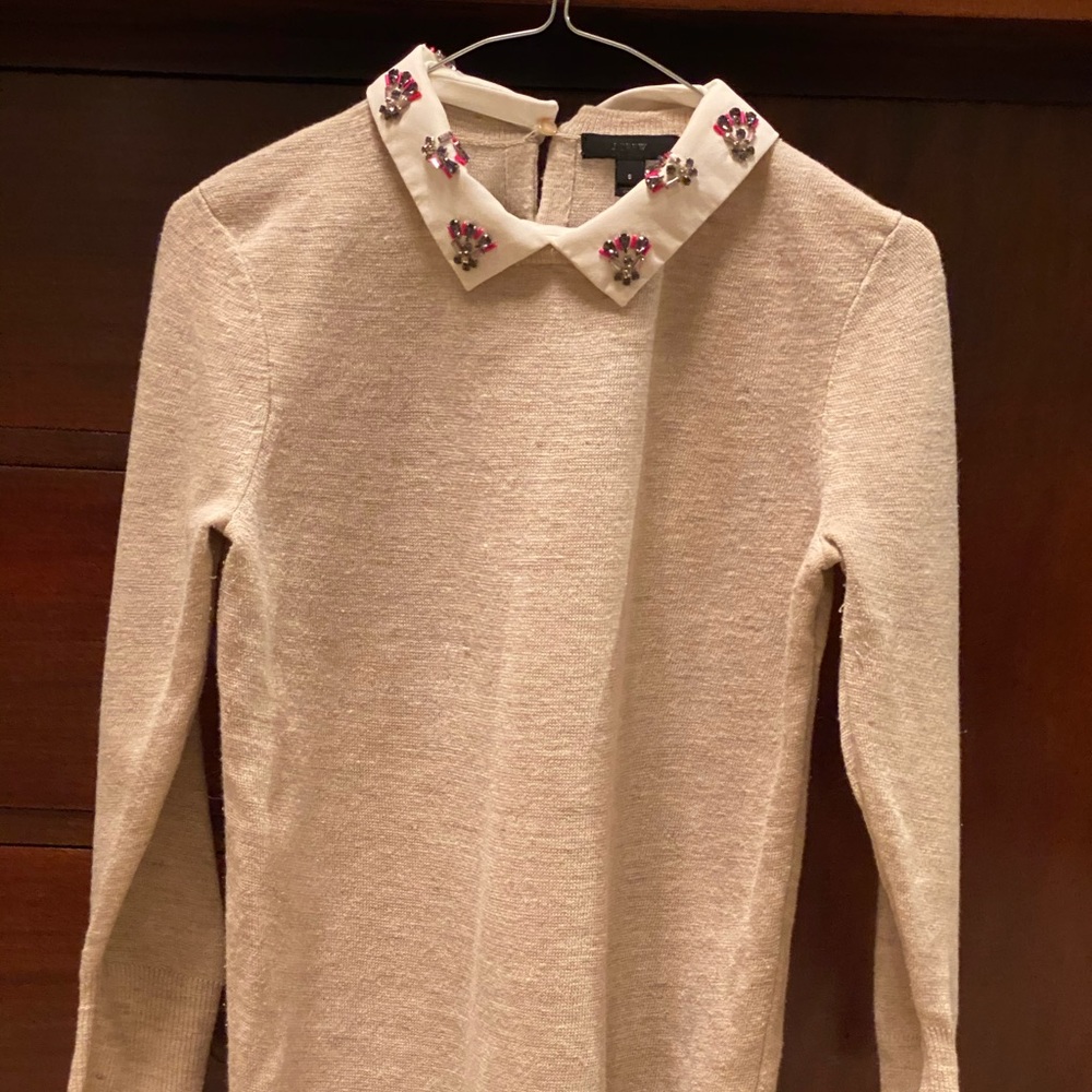 J. Crew Linen-Blend Cream Sweater with Removable Embellished Collar
